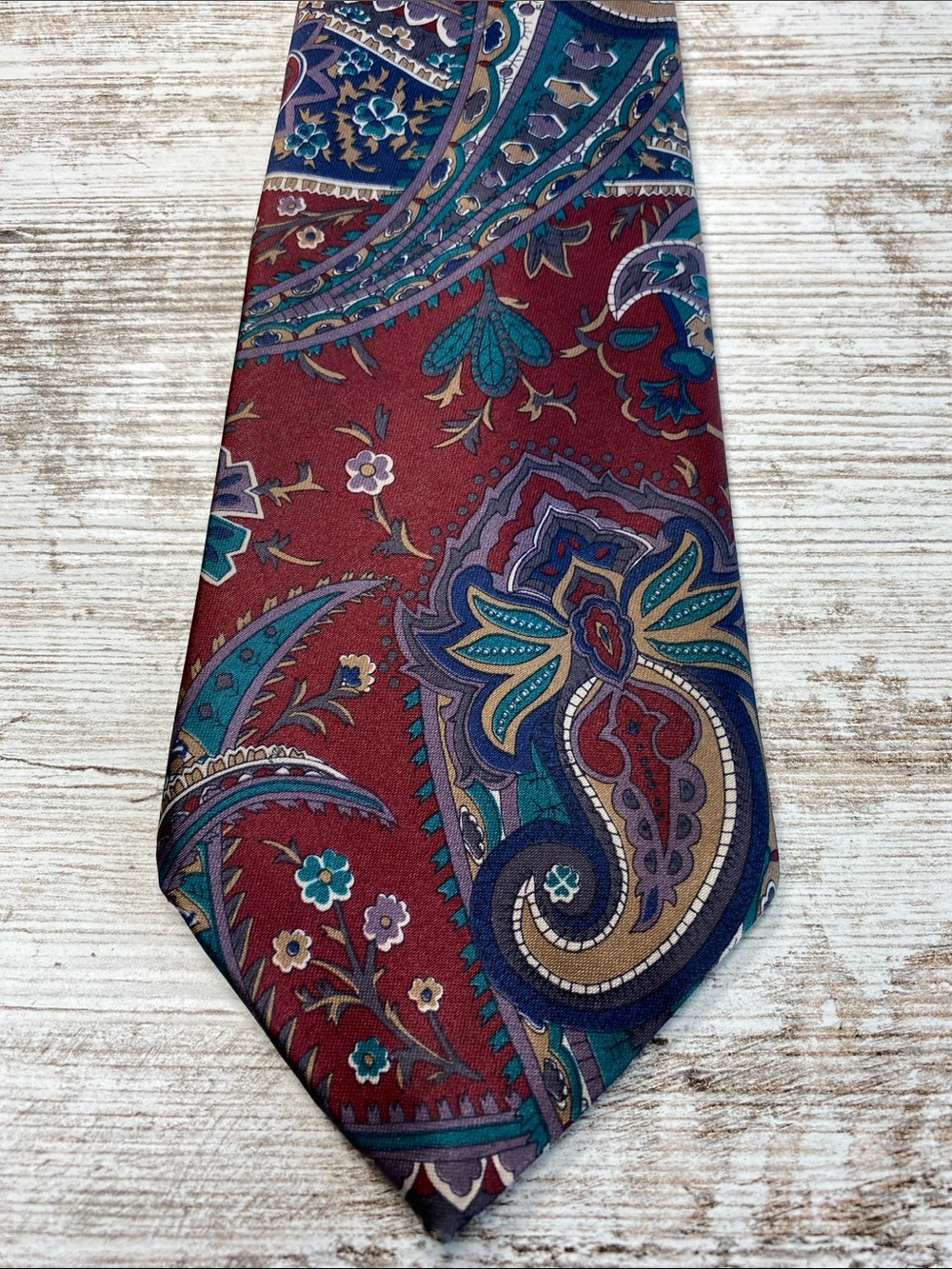 The Men's Store Clip-On 90s Burgundy and Teal Paisley Silk Tie